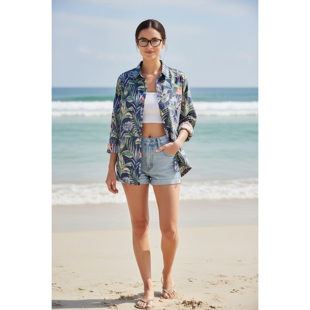 J.McLaughlin Womens Navy Tropical Flamingo Botanical Print Button Down Shirt S